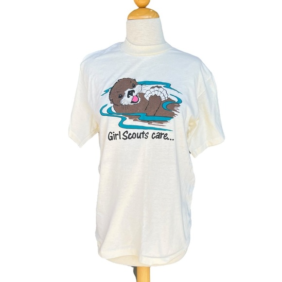 VTG Girl Scouts Care Single Stitch T-Shirt Smiling Otter Seashell Tee-Jays USA L - Picture 1 of 9